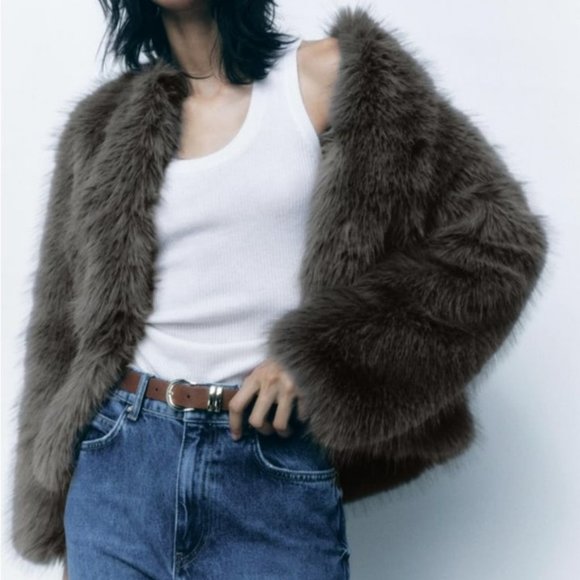 H&M Brown/Navy Green Faux Far Jacket - Picture 2 of 4